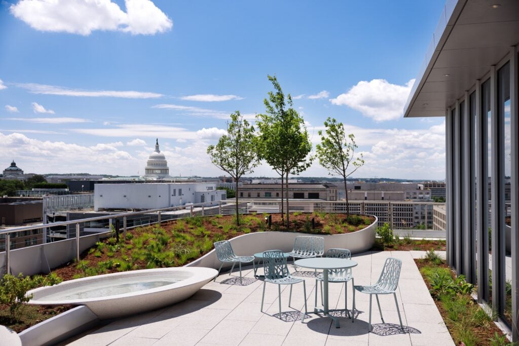 125 E Street NW building rooftop with landscaping, chairs, and view of the US Capitol. 